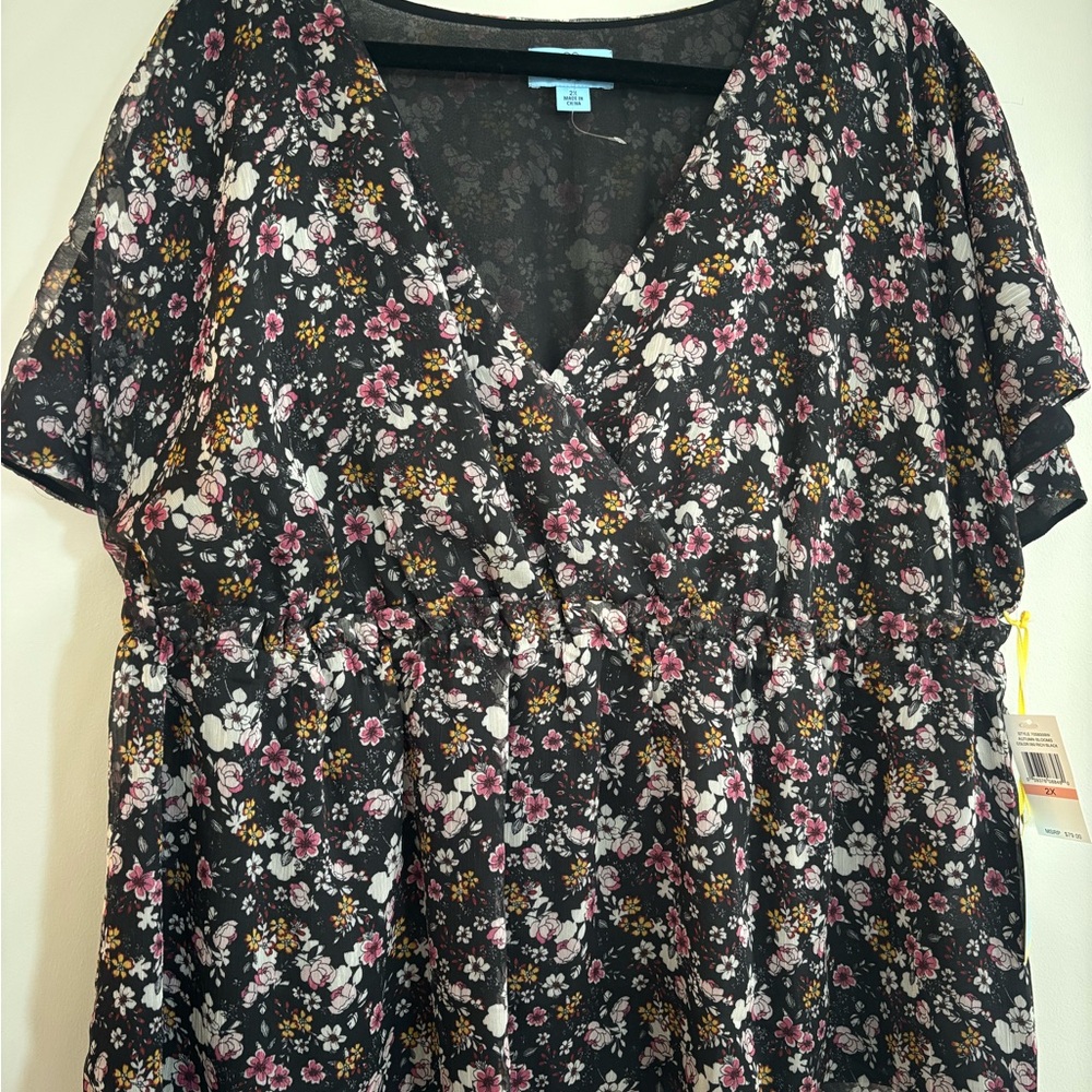 CeCe Black Floral V-Neck Blouse